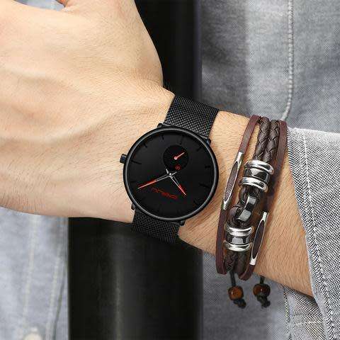 Crrju Mens Ultra Thin Black Stainless Steel Water Proof Watch