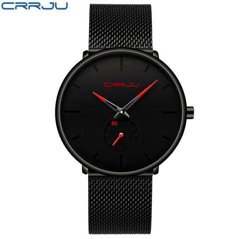 Crrju Mens Ultra Thin Black Stainless Steel Water Proof Watch