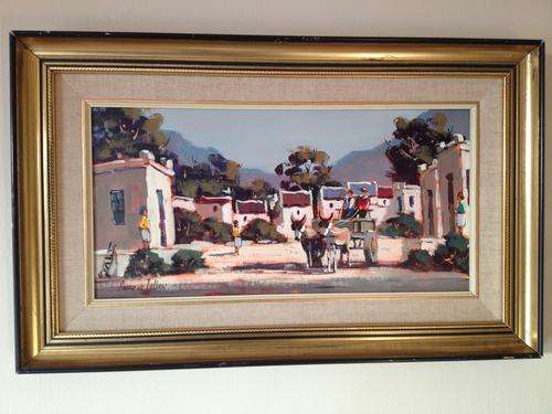 PIERRE DE VILLIERS - Rural landscape with workers cottages among trees, figures & donkey cart