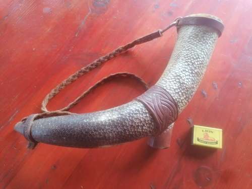 Large Celtic themed drinking horn with carry strap and stand