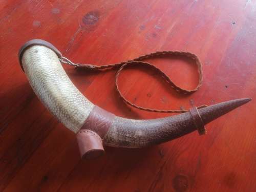 Large Celtic themed drinking horn with carry strap and stand