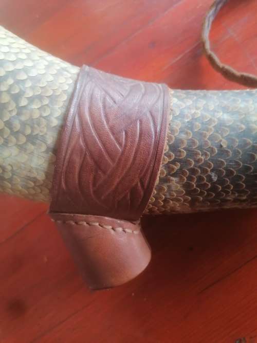 Large Celtic themed drinking horn with carry strap and stand
