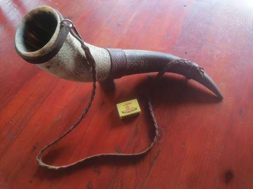 Large Celtic themed drinking horn with carry strap and stand