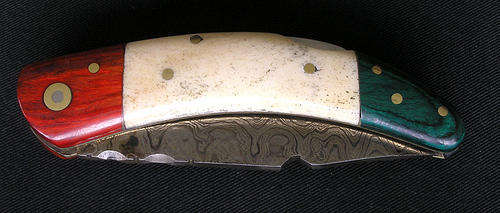 Hand Made Damascus Steel Lockback Knife - Camel Bone & Pakkawood Handles