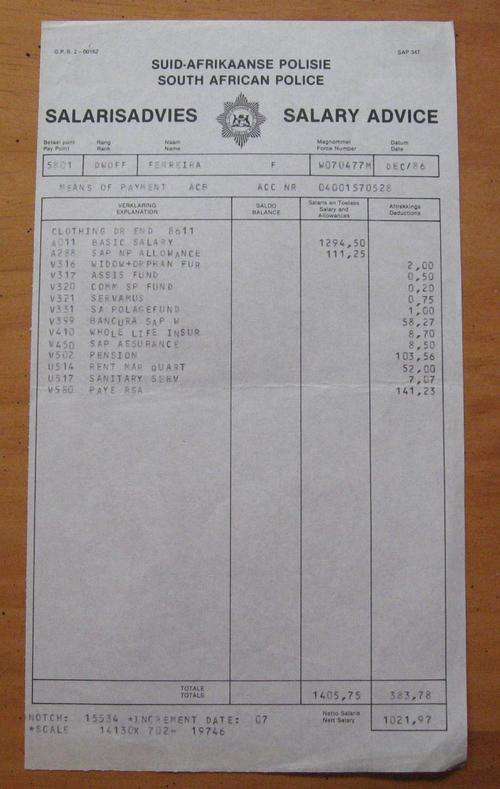 Original old SOUTH AFRICAN POLICE FORCE salary advice - Detective Warrant Officer - December 1986