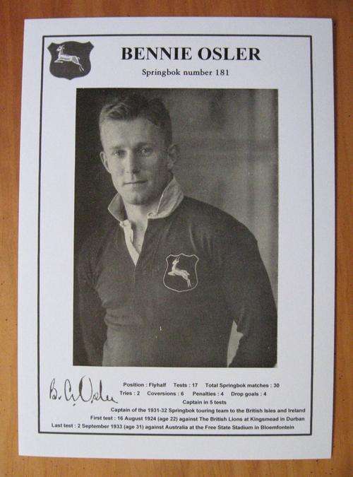 BENNIE OSLER - former Springbok rugby player - picture, profile and printed autograph