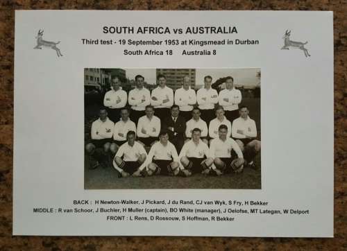 Picture of the SPRINGBOK rugby team who played against AUSTRALIA - third test 1953 in Durban