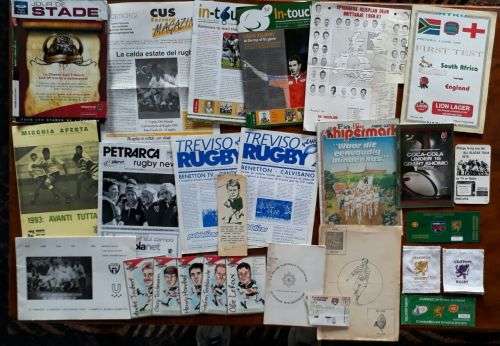 27 Rugby items sold together. Rugby magazines, programmes, itineraries, tickets, postcards, logo's
