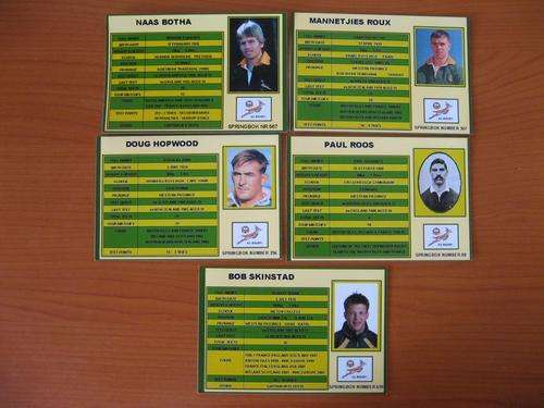 Five postcard size rugby cards with photos and profiles of the players.