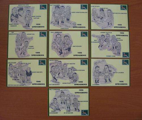 10 Gloss postcard size photos with copies of penscetches and autographs of the 1956 Springboks
