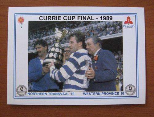 Gloss photo of Burger Geldenhuys and Carel du Plessis lifting the Currie Cup after the 1989 final