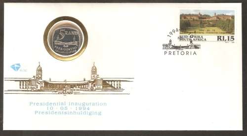 1994 South Africa Mandela Inauguration First Day Cover with R5 coin. Immaculate bargain