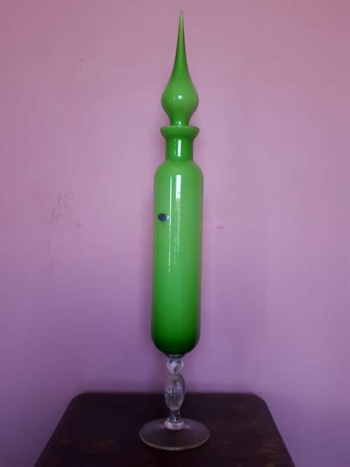 Vintage Venetian Glass - 50s Italian stopper bottle - Cased Lime Green