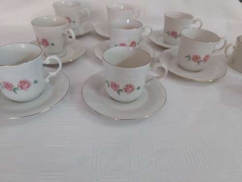 9 Tea cup duos + milk jug & sugar pot ( Huguenot Royale)
