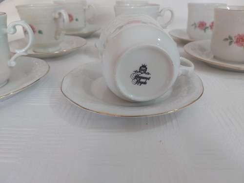 9 Tea cup duos + milk jug & sugar pot ( Huguenot Royale)