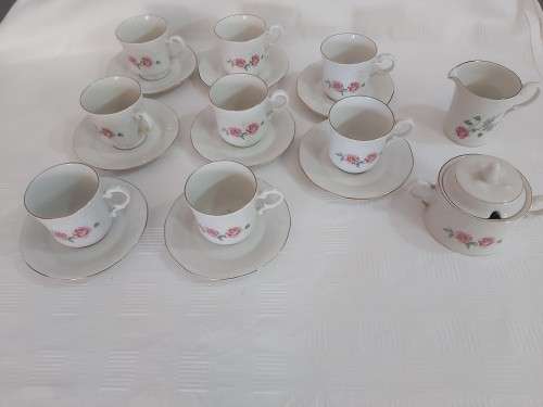 9 Tea cup duos + milk jug & sugar pot ( Huguenot Royale)