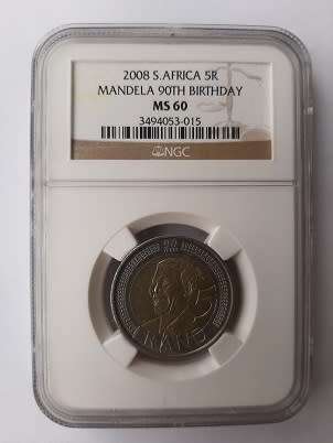 ** CRAZY R1 START ** NO RESERVE ** 2008 MANDELA 90TH BIRTHDAY R5 COIN ** MS60 MINT STATE **
