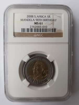 ** CRAZY R1 START ** NO RESERVE ** 2008 MANDELA 90TH BIRTHDAY R5 COIN ** MS61 MINT STATE **