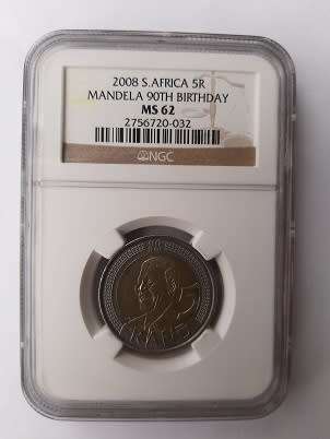 ** CRAZY R1 START ** NO RESERVE ** 2008 MANDELA 90TH BIRTHDAY R5 COIN ** MS62 MINT STATE **