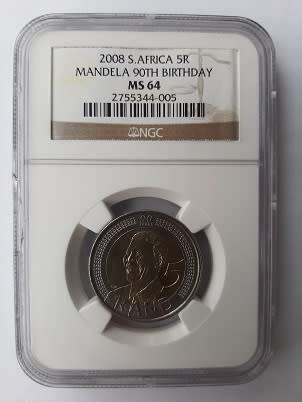 ** CRAZY R1 START ** NO RESERVE ** 2008 MANDELA 90TH BIRTHDAY R5 COIN ** MS64 MINT STATE **