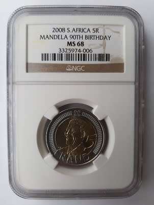 ** CRAZY R1 START ** NO RESERVE ** 2008 MANDELA 90TH BIRTHDAY R5 COIN ** MS68 MINT STATE **