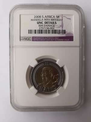 ** CRAZY R1 START ** NO RESERVE ** 2008 MANDELA 90TH BIRTHDAY R5 COIN ** ERROR COIN - RIM DAMAGE **