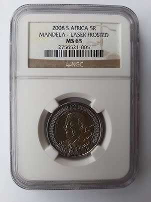 ** CRAZY R1 START ** NO RESERVE ** 2008 MANDELA 90TH BIRTHDAY R5 COIN ** MS65 LASER FROSTED **