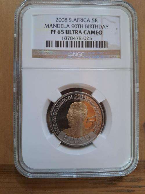 ** CRAZY R1 START ** NO RESERVE ** 2008 MANDELA 90TH BIRTHDAY R5 PROOF COIN PF65 **