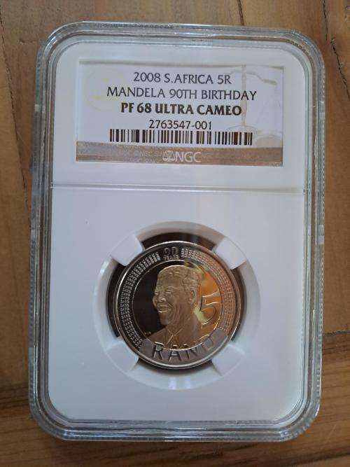 ** CRAZY R1 START ** NO RESERVE ** 2008 MANDELA 90TH BIRTHDAY R5 PROOF COIN PF68 **