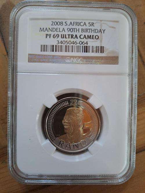** CRAZY R1 START ** NO RESERVE ** 2008 MANDELA 90TH BIRTHDAY R5 PROOF COIN PF69 **