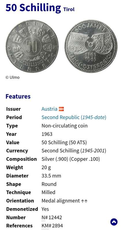 1963 Austria 50 Schilling - 600 year Tirol Anniversary
