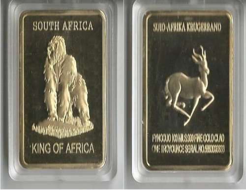 Bargain King of Africa and Krugerrand Gold Clad Bar one Troyounce.999 Fine Gold