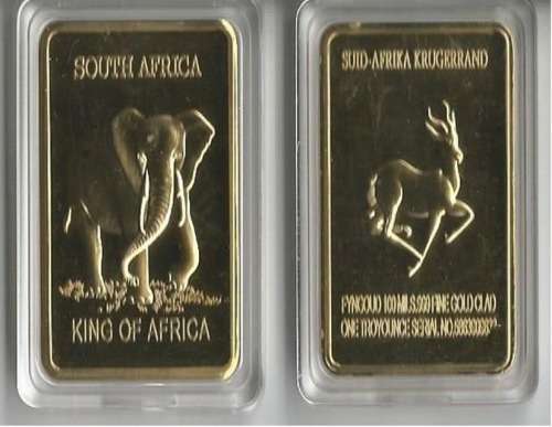 Bargain King of Africa and Krugerrand Gold Clad Bar one Troyounce.999 Fine Gold