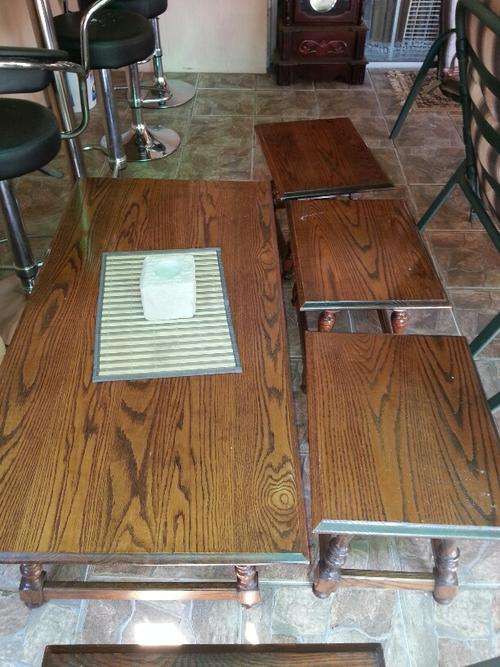 ADAM BEDE OAK COFFEE TABLE AND FIVE SIDE TABLES