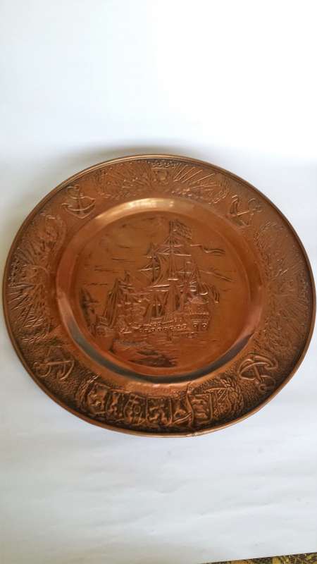 Large Copper Wall Plate, Ship theme, D - 43.5cm