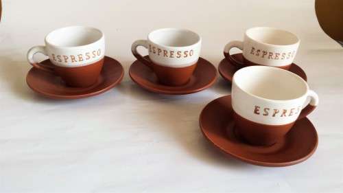 Set of 4 Porcelain Espresso Cups & Saucers