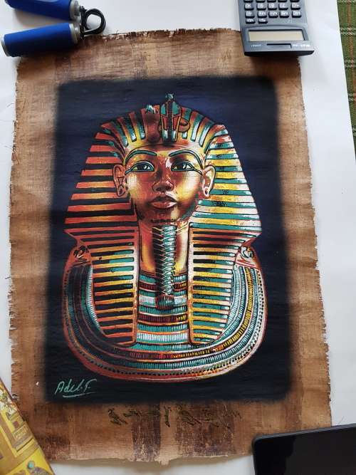 2 Pieces Egyptian Art Papyrus Painting, Signed with certificate, 60cm x 43cm