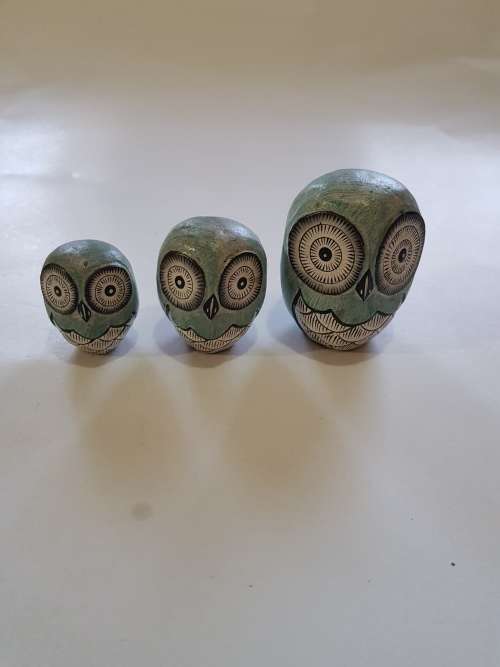 Trio of Wooden Owls