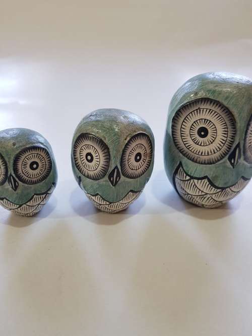 Trio of Wooden Owls