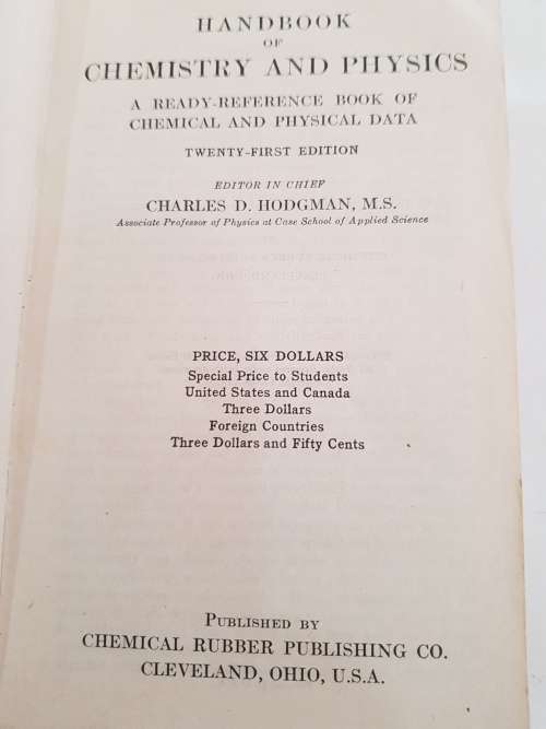 Handbook of Chemistry and Physics, 21st Edition, 1936
