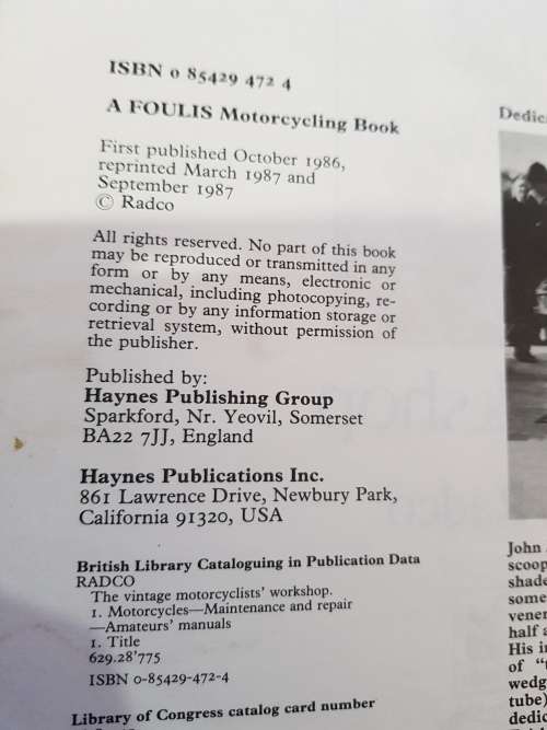 The Vintage Motorcyclists Workshop by Radco