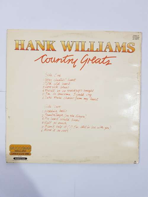 Hank Williams, Country Greats LP, VG+