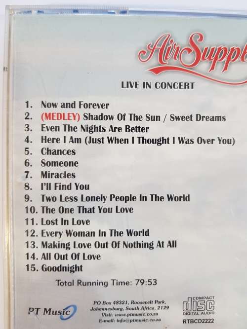 Air Supply, Live In Concert CD