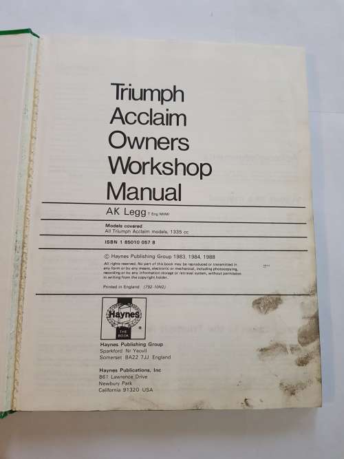 Triumph Acclaim 1981-84, Owners Workshop Manual, Haynes
