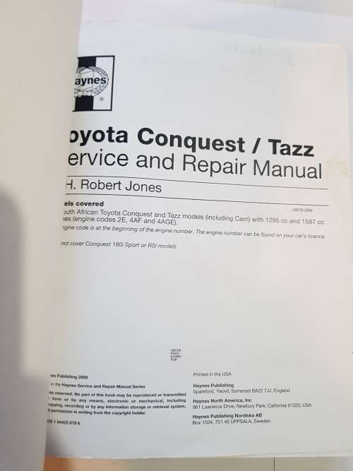 Toyota Conquest & Tazz, 1986 - 2007, Haynes Service and Repair Manual, Petrol
