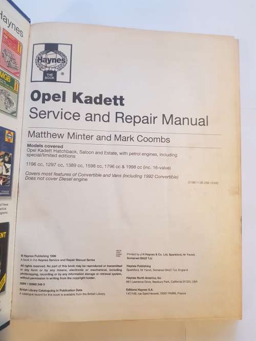 Opel Kadett 1984 - 1991, Service and Repair Manual, Haynes