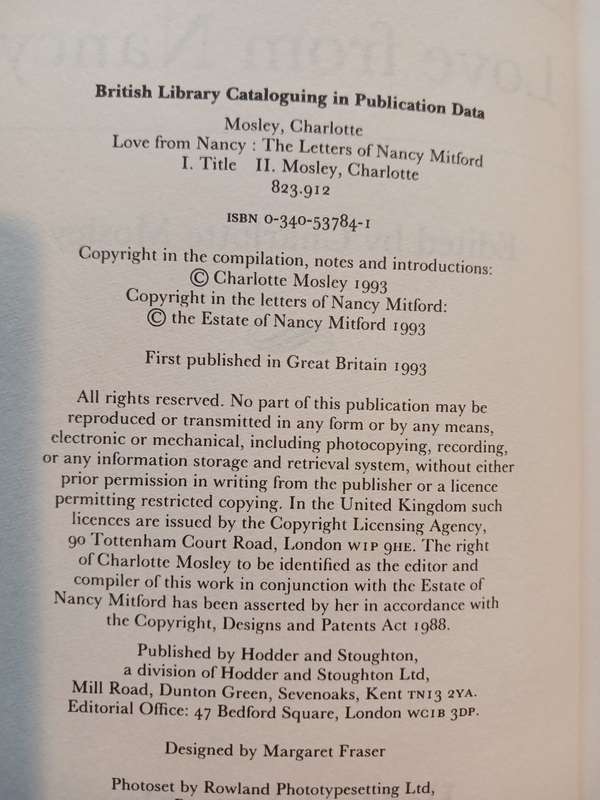 The Letters of Nancy Mitford, Love from Nancy edited by Charlotte Mosley, Hardcover