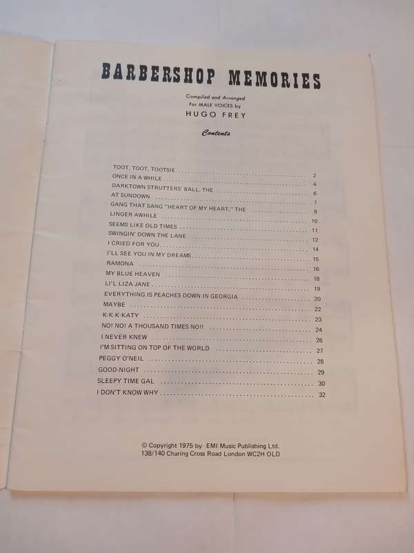 Barbershop Memories compiled and arranged for Male Voices by Hugo Frey, Sheet Music