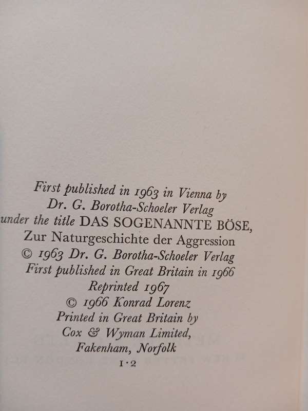 On Aggression by Konrad Lorenz, 1967 Hardcover