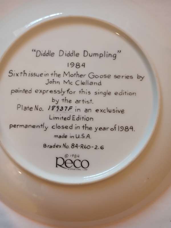 Porcelain Plate, John Mc Clelland, `Diddle Diddle Dumpling`, No. 18937F, 1984